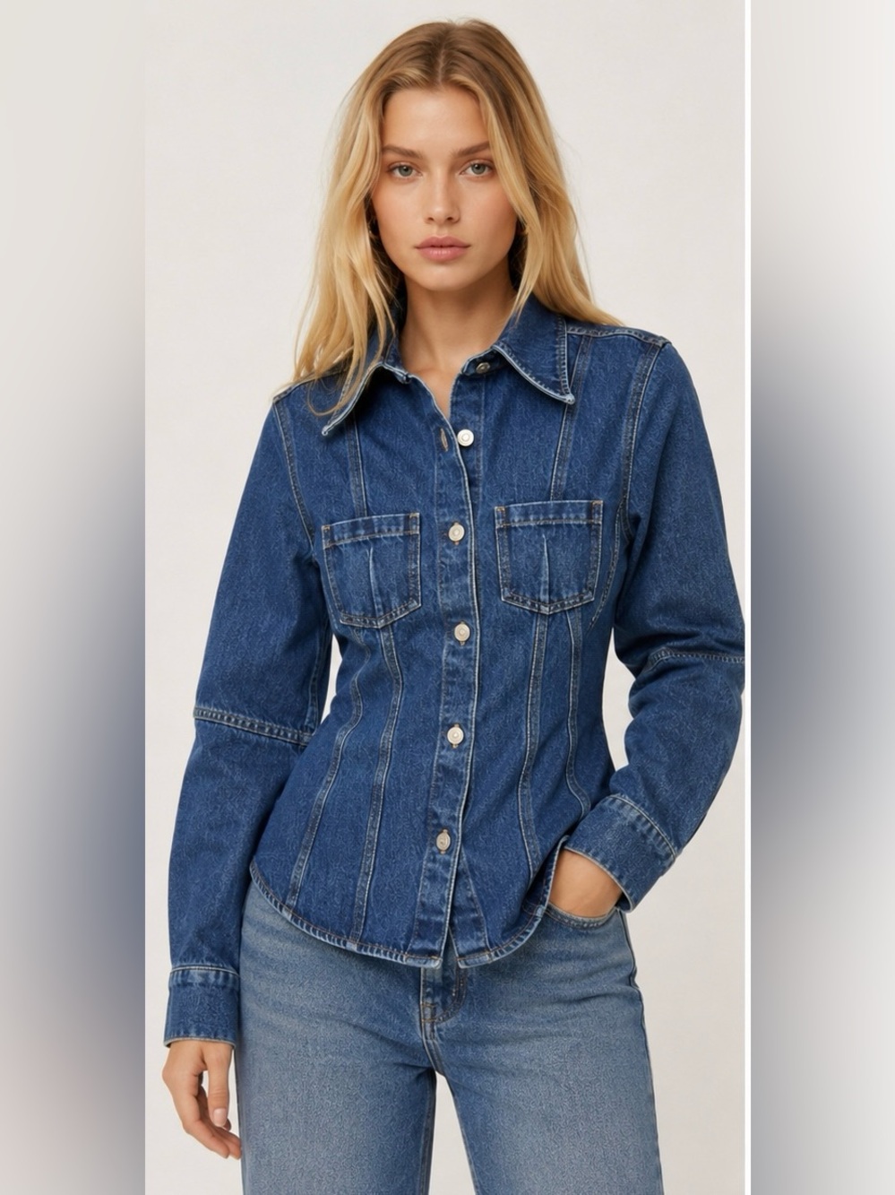 & Other Stories Tapered Denim Shirt Mid Blue XS 70s Collar Cinched Waist